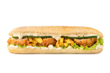 Big Ciabatta Sandwich. Panini with chicken, Lettuce and Sauces isolated on white background