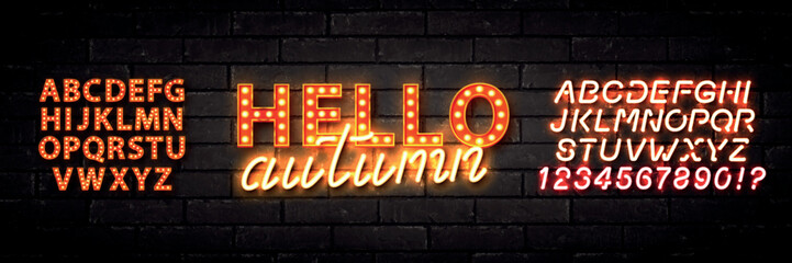 Vector realistic isolated neon sign of Hello Autumn logo with easy to change color alphabet font on the wall background. © comicsans