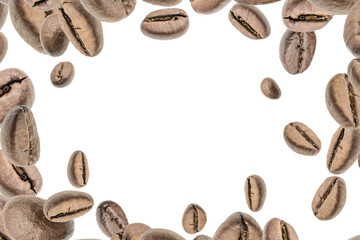 Coffee beans flying background. Black espresso grain falling on white. Rustic coffee bean fall...