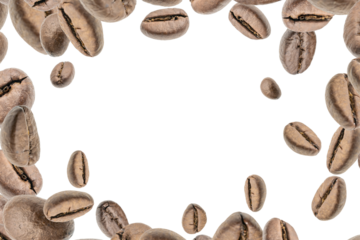 Coffee beans flying background. Black espresso grain falling on white. Rustic coffee bean fall isolated. Represent breakfast, energy, freshness or great aroma concept.