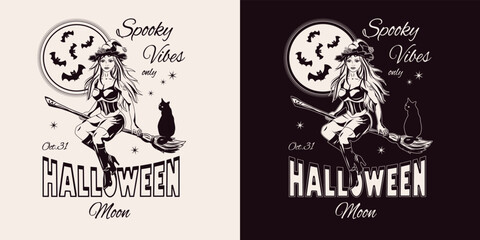 Emblem with young beautiful witch flying on broomstick, silhouette of bats, full moon behind, text Halloween moon, spooke vibes. Monochrome illustration in vintage style.