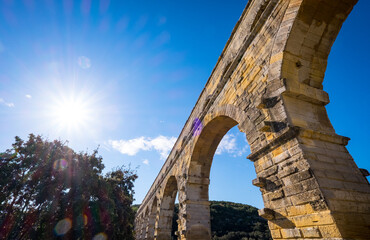 Roman aqueduct Pont du Gard and natural park in Languedoc, France