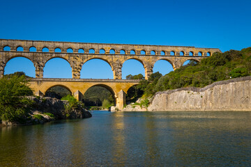 Roman aqueduct Pont du Gard and natural park in Languedoc, France