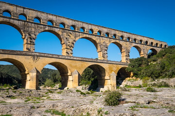 Roman aqueduct Pont du Gard and natural park in Languedoc, France