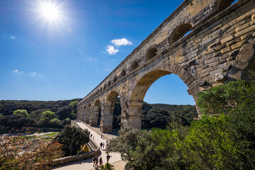 Roman aqueduct Pont du Gard and natural park in Languedoc, France