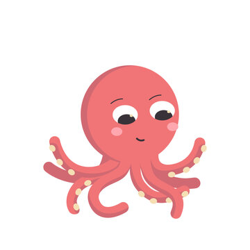 Cartoon minimalistic character, red octopus smiling with outstretched tentacles. Colored vector flat illustration isolated on white background.