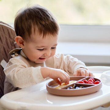 Happy toddler baby eats fruits and berries sitting on a high children chair. A child at the window with a beige plate of food. Kid aged one year and two months