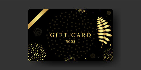 Exclusive gift card 500$ template. Black and gold. Branch plant, fireworks, ribbon, text. Vector illustration for vip voucher, coupon, discount, certificate.
