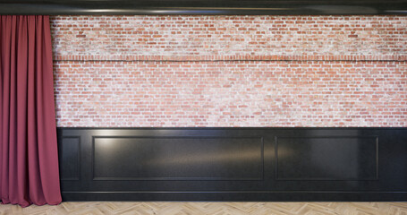 Klasyczne wnętrze z czarnym panelem ściennym, listwami i ceglaną ścianą. 3d render ilustracja mockup