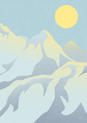 Fototapeta na wymiar Mountain landscape with peaks and sun illustration poster.