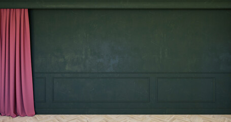 Klasyczne wnętrze z zielonym panelem ściennym, listwami i czielnoą ścianą. 3d render ilustracja mockup