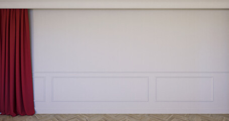 Klasyczne wnętrze z jasnymi ścianami, listwami i drewniana podłogą. 3d render ilustracja mockup