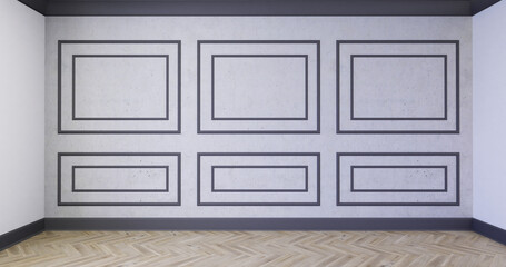 Klasyczne wnętrze z szarą sztukaterią ścienną, listwami i jasną ścianą. 3d render ilustracja mockup