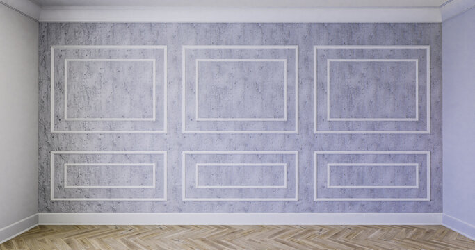 Klasyczne wnętrze z białą sztukaterią, listwami i betonową ścianą. 3d render ilustracja mockup