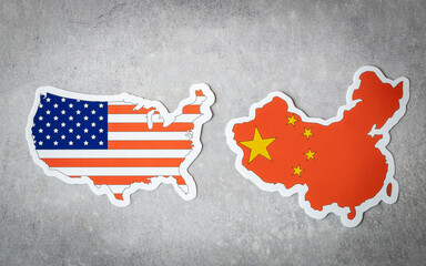 Flags and shape of China and the United States on gray background, copy space, concept, Difficult...