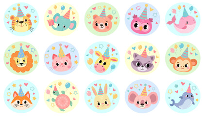 set of stickers with funny animals. stickers for children's birthday. emblem for the design of the nursery