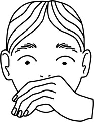 Shocked doodle emotion. Woman's face covered with hand mouth. Vector illustration of a line hiding fear and horror. The hand covers the mouth to be silent. Isolated mute expression.