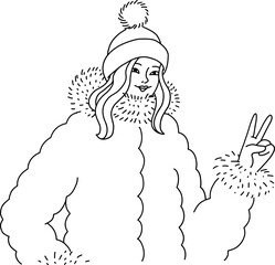 Doodle girl posing in warm outerwear and a hat. Young woman smiles cutely on a white background. Vector outline illustration of a teenager having fun.
