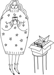 Cartoon doodle girl with a cup of tea is preparing for Christmas. Vector illustration of a young woman in warm clothes and socks isolated. Sketch stool with an open box of Christmas toys.