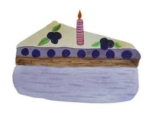 Watercolor blueberry piece of cake with a pink candle for happy birthday or special occasion