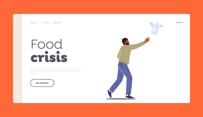 Food Crisis Landing Page Template. Price Inflation Concept with Young Consumer Male Characters Chase Groceries Fly Away
