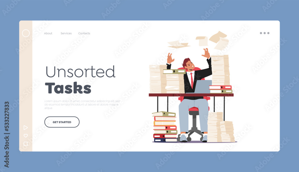 Poster unsorted tasks landing page template. tired and exasperated office worker sitting at desk with docum