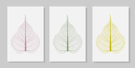 Set of colored skeleton leaves on white background. Minimal botanical wall art. Plant art design for print, cover, postcards, posters, stickers, wall decor and wallpaper. Vector illustration. EPS10