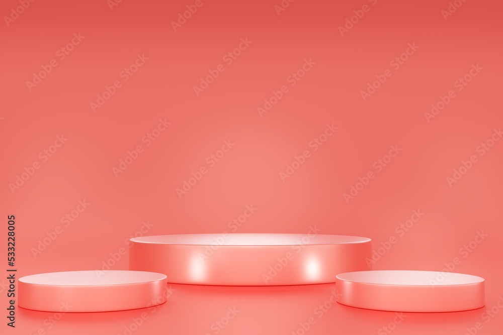 Poster 3d rendering mock up podium for product presentation,pastel background curved elements red pastel. s