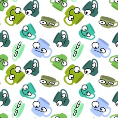 Fototapeta premium Doodle cartoon seamless tea coffee cups pattern for menu and kids clothes print and wrapping and kitchen and fabrics