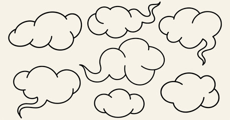 Set of clouds, line drawing, black outline. Flat design, cartoon hand drawn, pop art style.