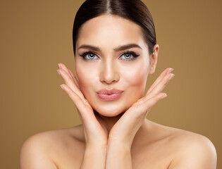 Beauty Model showing Cheekbones and Full Lips. Beautiful Woman Face Skin Care. Women Dermal Filler...