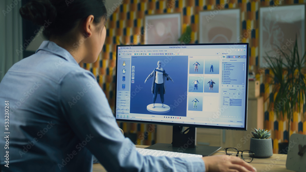 Poster female 3d designer having remote work on 3d modeling and creating 3d visualization of clothes using 