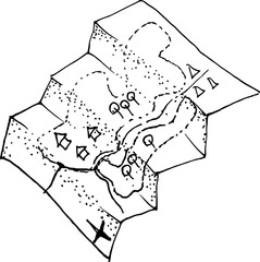 Hand drawn paper map. Equipment for hiking and active leisure. Outline doodle illustration