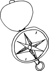 Hand drawn compass tool. Equipment for hiking and active leisure. Outline doodle illustration