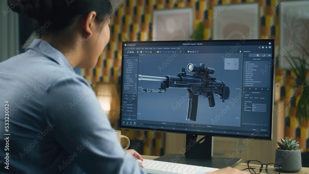 Poster female 3d designer creating 3d model of gun and making graphic using software for modeling 3d projec
