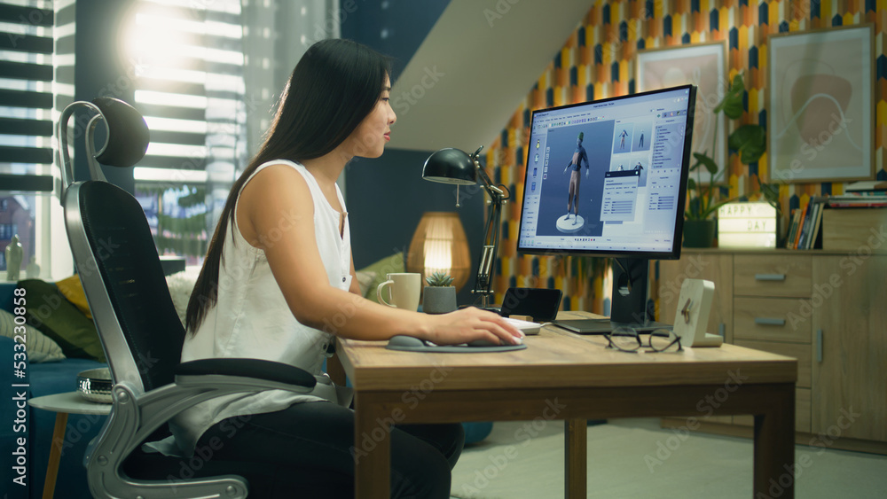 Poster asian 3d designer creating 3d model of style and design of clothes in professional program on person