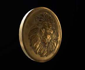 Lion Coin 3d render on black background isolated