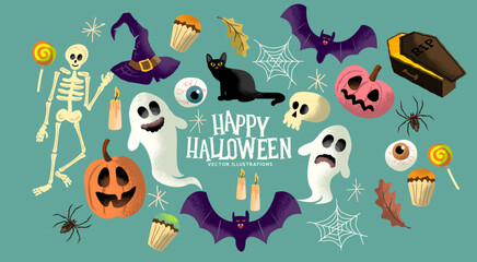 Fototapeta A collection of trick or treat halloween event characters and objects with ghosts, pumpkins and sweets. obraz