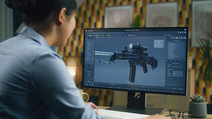 Female 3D designer creating 3D model of gun and making graphic using software for modeling 3D...