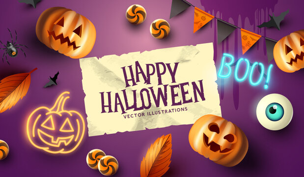 Happy halloween party event background layout with Jack O Lanterns and sweets. Vector illustration.