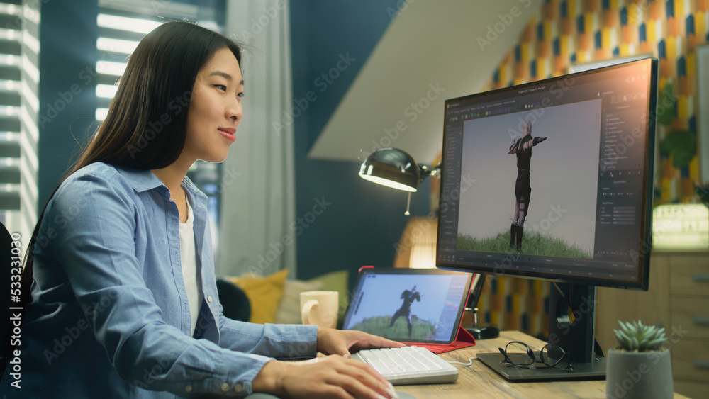 Poster Asian female 3D designer making animation for video game character using modern computer and tablet and software for creating 3D modeling projects