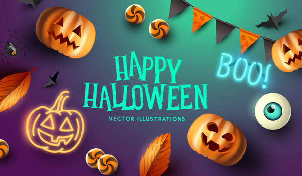 Happy halloween event mockup design background. including grinning jack o lantern pumpkins and sweet treats. Vector illustration.
