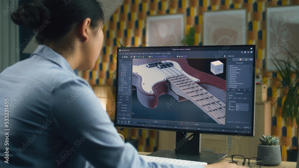 Poster woman designing 3d prototype of electric guitar using modern personal computer with 3d modeling prog