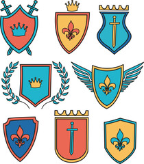 set of colorful cartoon heraldic shields