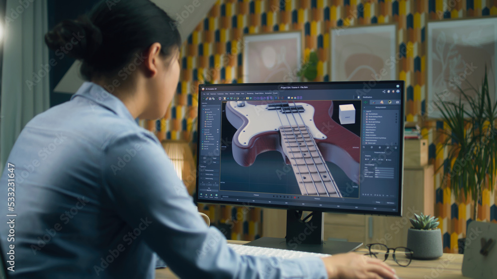 Poster woman designing 3d prototype of electric guitar using modern personal computer with 3d modeling prog