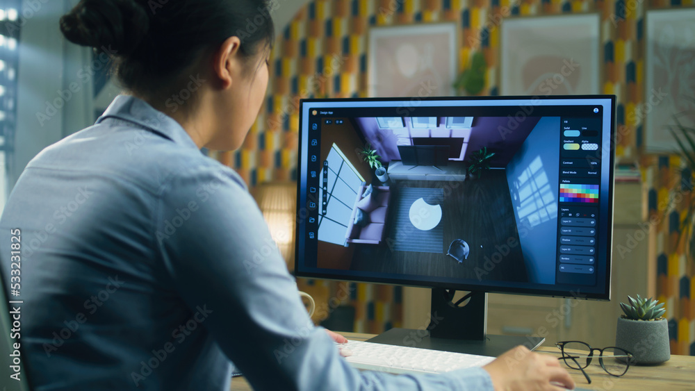 Poster woman designing house interior in modern computer program for 3d modeling and working remotely from 