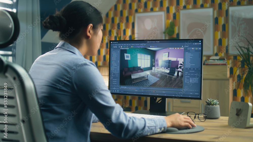 Poster female designer working remotely from home office and making 3d visualization of house interior in c