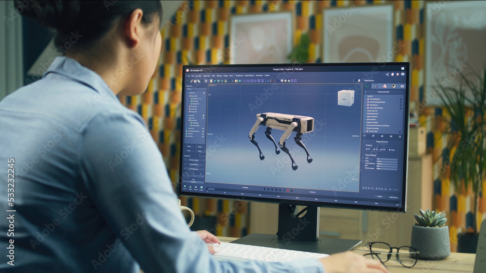 Poster asian woman working on pc in 3d modeling program remotely from home office and creating 3d prototype