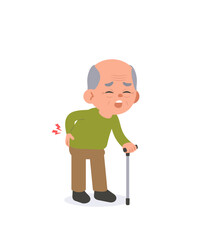 The old man had a lot of back pain. and holding a walking stick illustration vector cartoon character design on white background. Medical concept.