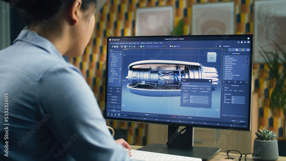 Aufkleber female 3d designer using pc with professional program and creating 3d prototype of airplane turbine 